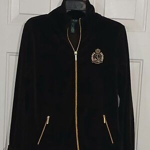 Lauren Ralph Lauren Brown Velour Full Zip Track Jacket Embroidered Crest Logo